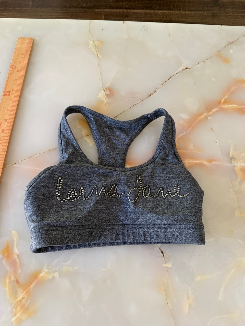Lorna Jane Heather Gray Rhinestone Logo Sports Bra